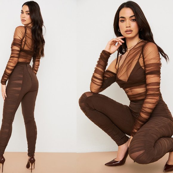 HOUSE OF CB 'Isolde' Chocolate Layered Mesh Trousers NWOT - Picture 4 of 5